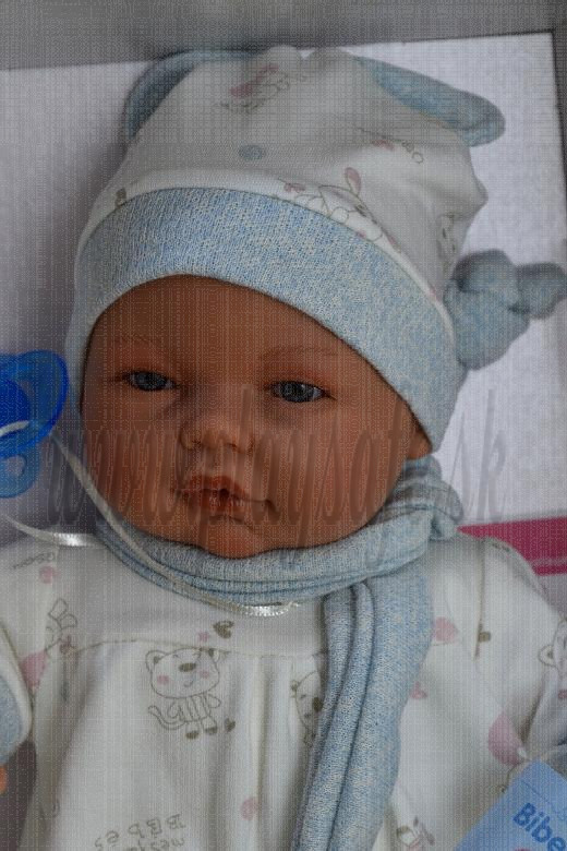 Antonio Juan Zvuková bábika bábätko Bimbo Pelele v modrom, 37cm nežmurkací