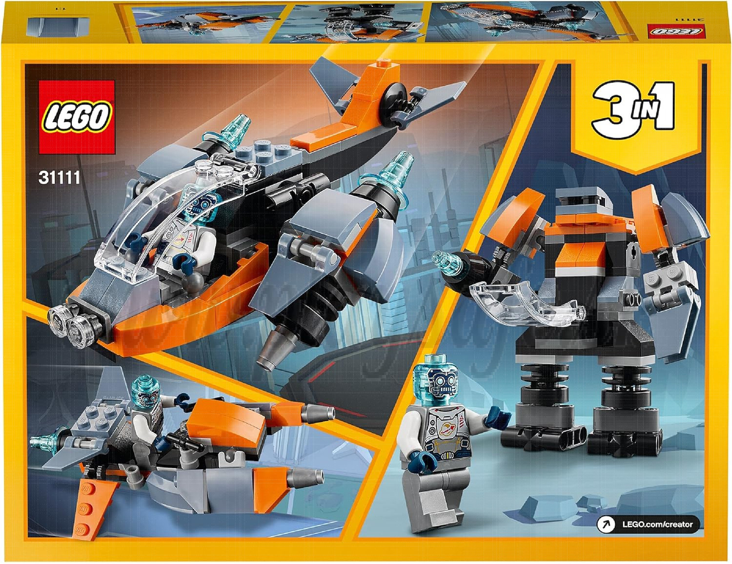 LEGO 31111 Creator 3-in-1 Cyber Drone Construction Kit with Cyber Mech and Scooter, Space Toy