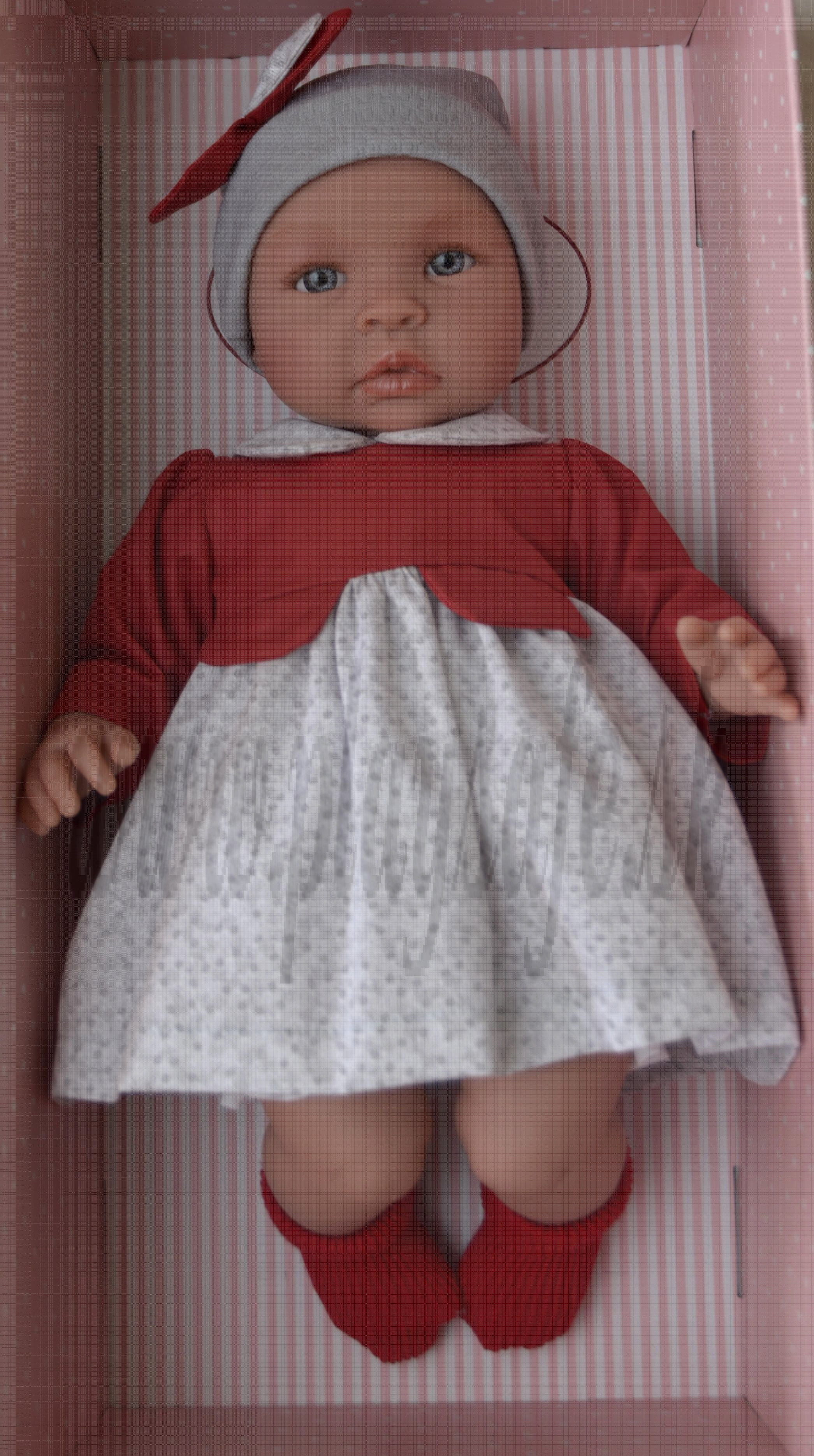 Asivil Baby Doll Soft Body Lea vdo flores grises pechera roja 46cm