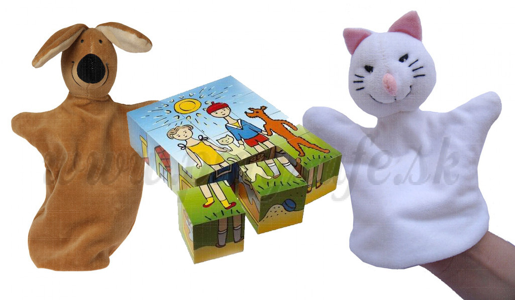 TOPA The Dog And The Cat Wooden Picture Blocks + Hand Puppet, 3 pieces